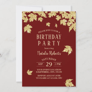 Invitation Burgundy Red & Gold Feuilles moderne fête d'annive