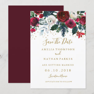 Invitation Burgundy Red Gold Floral Noël Enregistrer la date