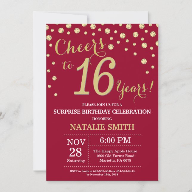 Invitation Burgundy Red Gold Surprise 16e anniversaire Diamon (Devant)