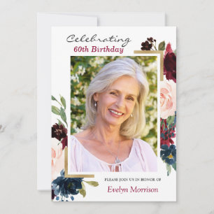 Invitation Burgundy Red Navy Blue Floral Photo Anniversaire