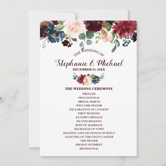 Invitation Burgundy Red Navy Floral Russe Boho Fan avant (Devant)