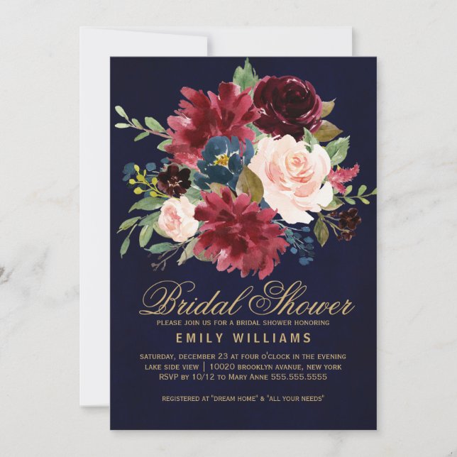 Invitation Burgundy Red Navy Floral Rustic Boho Fête des mari (Devant)