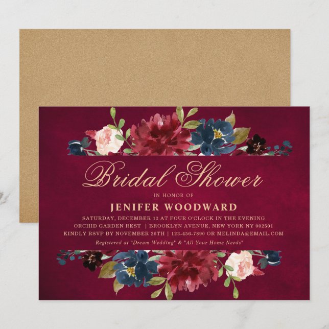 Invitation Burgundy Red Navy Floral Rustic Boho Fête des mari (Devant / Derrière)