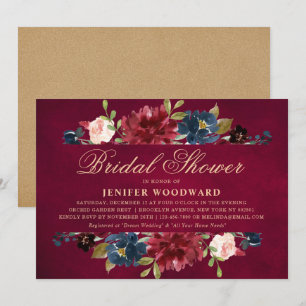 Invitation Burgundy Red Navy Floral Rustic Boho Fête des mari
