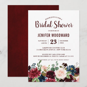 Invitation Burgundy Red Navy Floral Rustic Boho Fête des mari