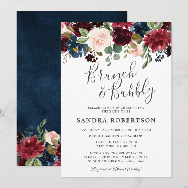 Invitation Burgundy Red Navy Floral Rustic Boho Fête des mari (Devant / Derrière)