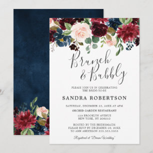 Invitation Burgundy Red Navy Floral Rustic Boho Fête des mari
