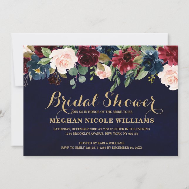 Invitation Burgundy Red Navy Floral Rustic Boho Fête des mari (Devant)