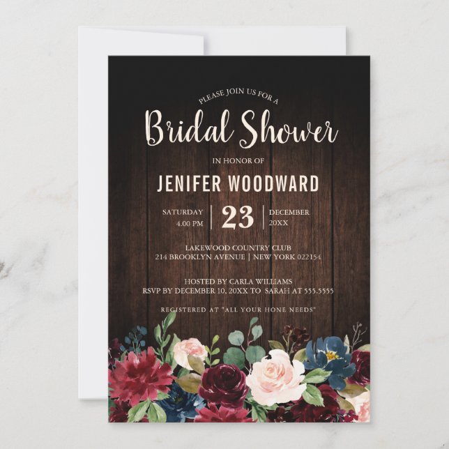 Invitation Burgundy Red Navy Floral Rustic Boho Fête des mari (Devant)
