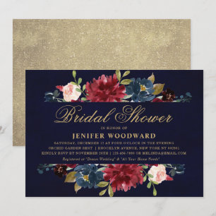 Invitation Burgundy Red Navy Floral Rustic Boho Fête des mari