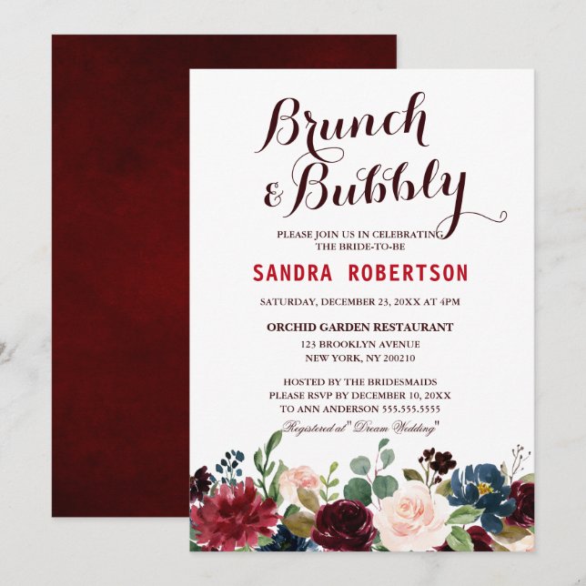 Invitation Burgundy Red Navy Floral Rustic Boho Fête des mari (Devant / Derrière)