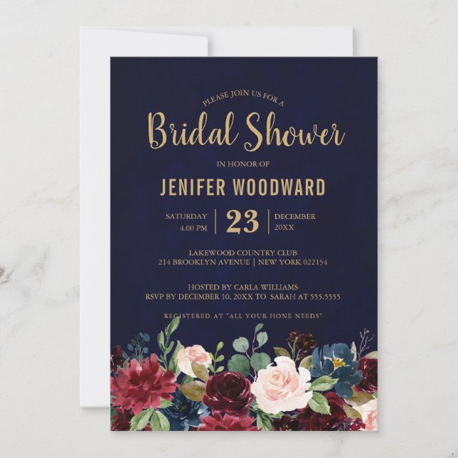 Invitation Burgundy Red Navy Floral Rustic Boho Fête des mari (Devant)