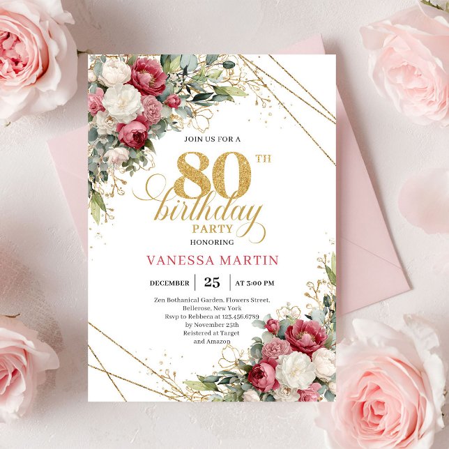 Invitation Burgundy red roses 80th birthday invite greenery (Burgundy red roses 80th birthday invite with greenery

)