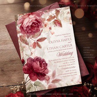Invitation Burgundy Red Roses Floral Vintage Wedding