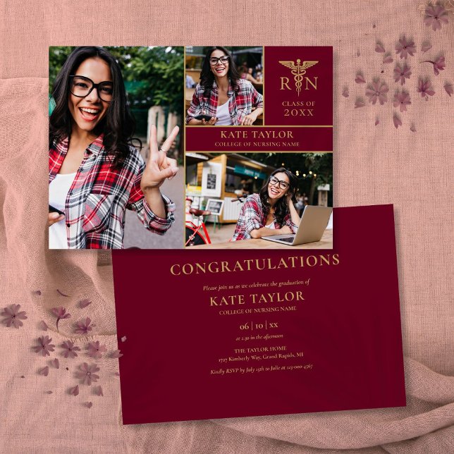 Invitation Burgundy RN Nursing 3 Photo Graduation Party (Burgundy RN Nursing 3 Photo Graduation Party Invitation)