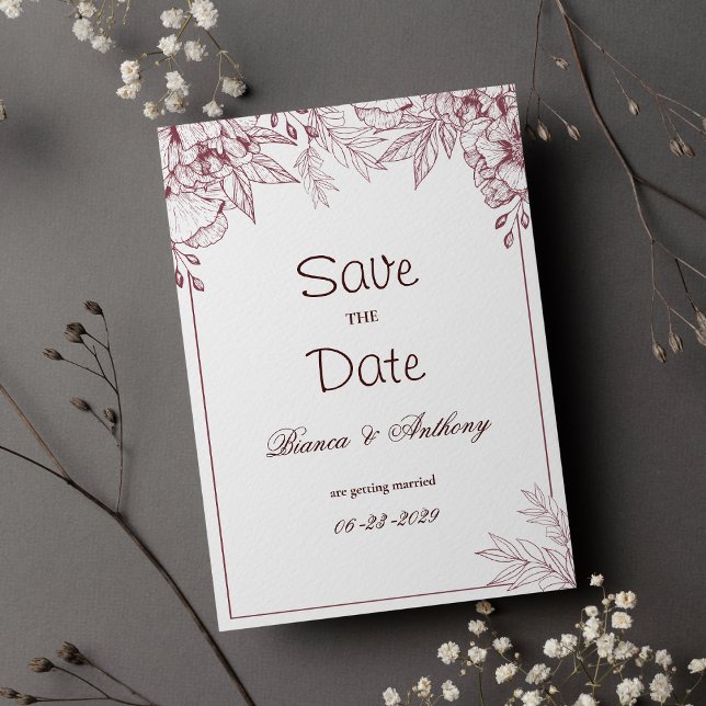 Invitation Burgundy rose blanc simple floral Enregistrer la d (Burgundy pink white simple floral Save the Date )