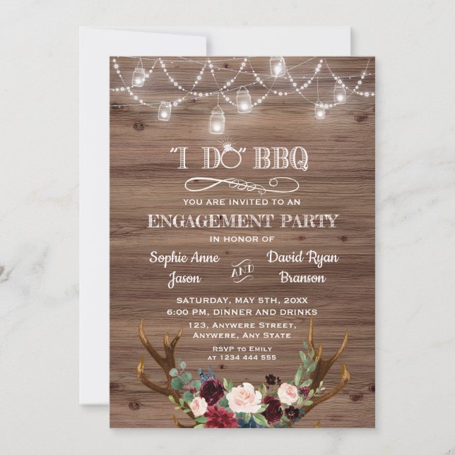 Invitation Burgundy Rose Floral Antlers I DO BBQ Fiançailles (Devant)