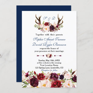 Invitation Burgundy Rose Floral Navy Antlers Monogram Mariage