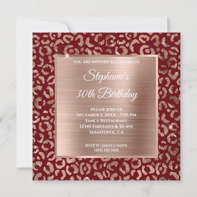 Invitation Burgundy Rose Gold Foil Leopard Glam 30e anniversa (Devant)
