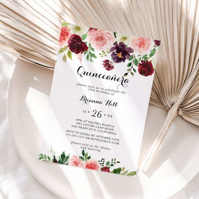 Invitation Burgundy rose violet printemps Floral Quinceañera (Créateur téléchargé)