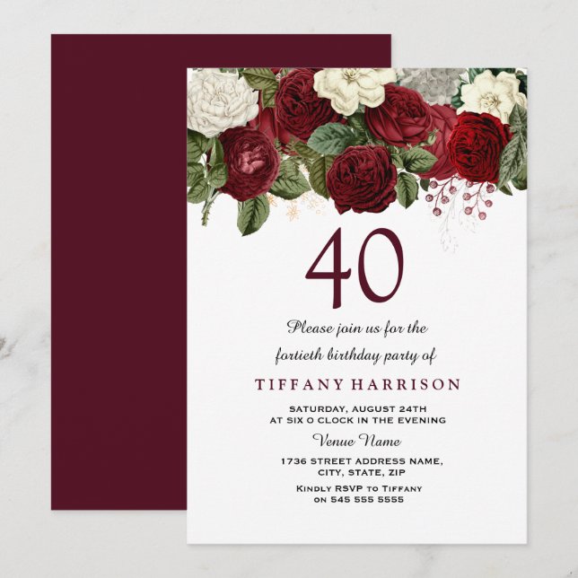Invitation Burgundy Rouge Blanc Rose 40e anniversaire Invitat (Devant / Derrière)