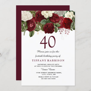 Invitation Burgundy Rouge Blanc Rose 40e anniversaire Invitat