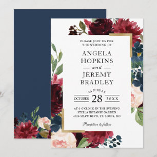 Invitation Burgundy Rouge Blush Floral Navy Blue Gold Mariage