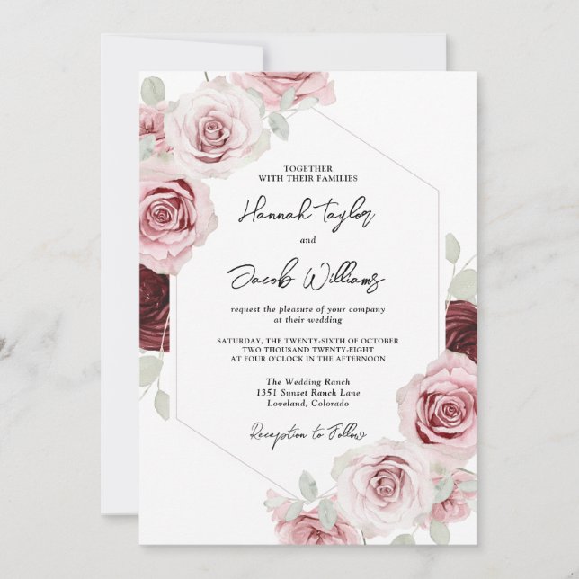 Invitation Burgundy Rouge Blush Rose Floral Code QR Mariage (Devant)