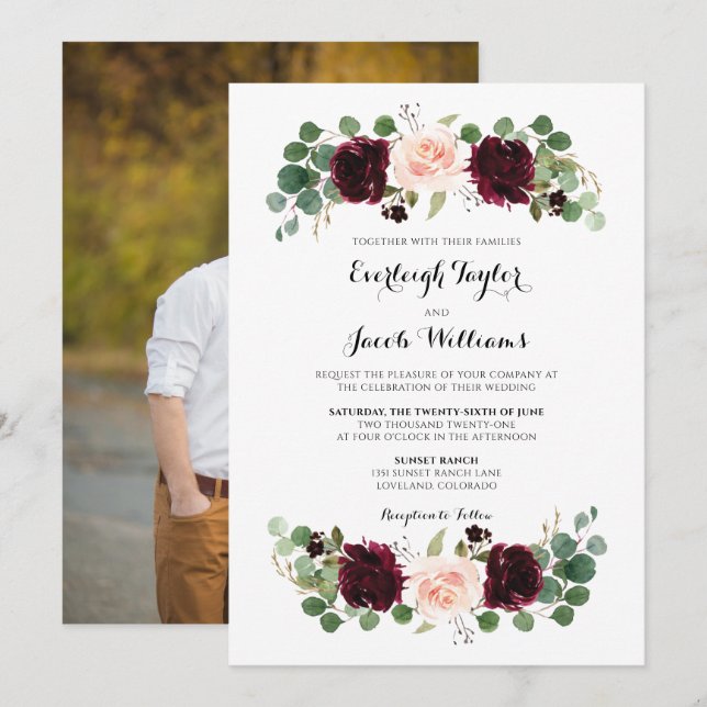 Invitation Burgundy Rouge Blush rose photo Mariage Floral (Devant / Derrière)