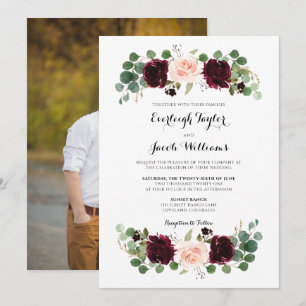 Invitation Burgundy Rouge Blush rose photo Mariage Floral