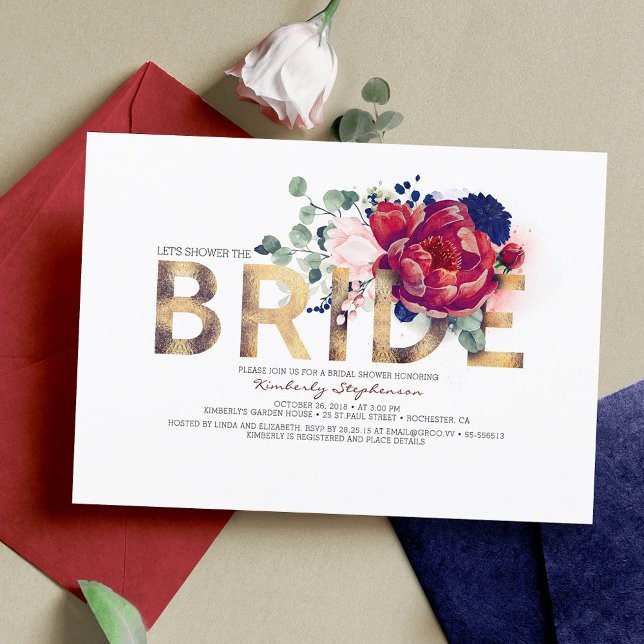 Invitation Burgundy Rouge et Navy Fête des mariées florale bl (Créateur téléchargé)