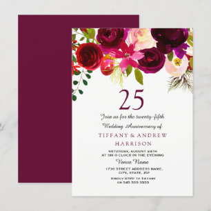 Invitation Burgundy Rouge Floral Boho 25e Anniversaire de Mar