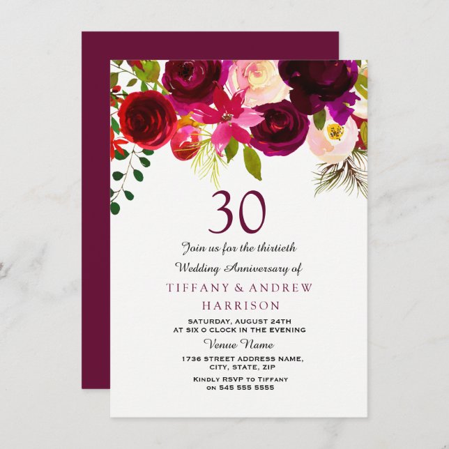 Invitation Burgundy Rouge Floral Boho 30e Anniversaire de Mar (Devant / Derrière)
