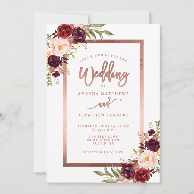 Invitation Burgundy Rouge Floral Rose or Mariage RSVP (Devant)