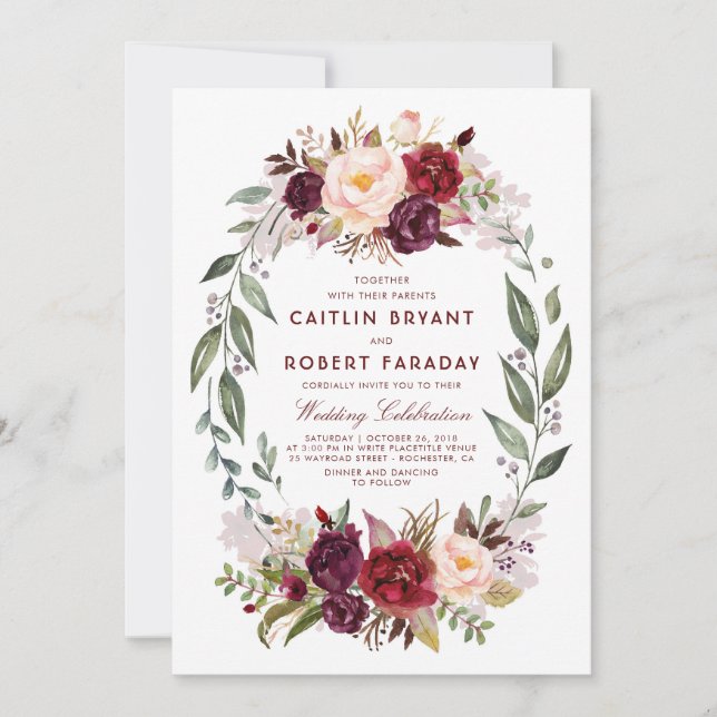 Invitation Burgundy Rouge Floral Wreath Élégant Mariage rusti (Devant)