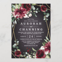 Burgundy Rouge Noir et Or Floral Élégant Mariage