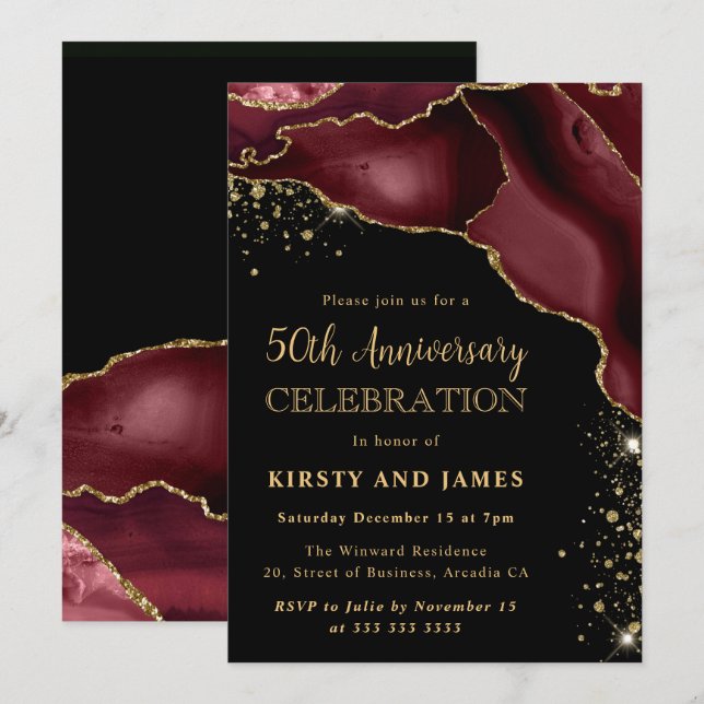 Invitation Burgundy Rouge & Or Pailleté Agate 50ème Anniversa (Devant / Derrière)