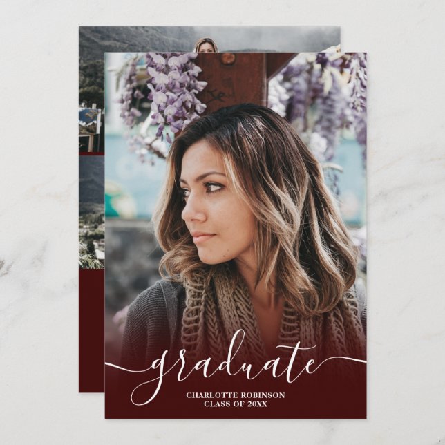 Invitation Burgundy rouge script de diplôme de diplôme de la  (Devant / Derrière)