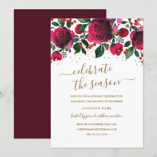 Invitation Burgundy Rouge Vert Or Floral Noël Fête