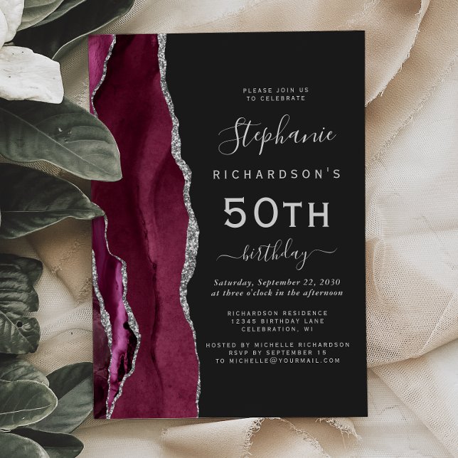 Invitation Burgundy Silver Agate Dark 50th Birthday Party (Créateur téléchargé)