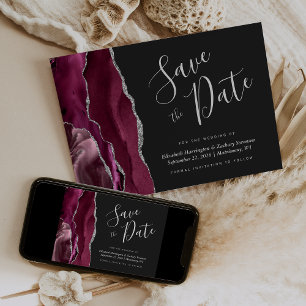 Invitation Burgundy Silver Agate Dark Save the Date
