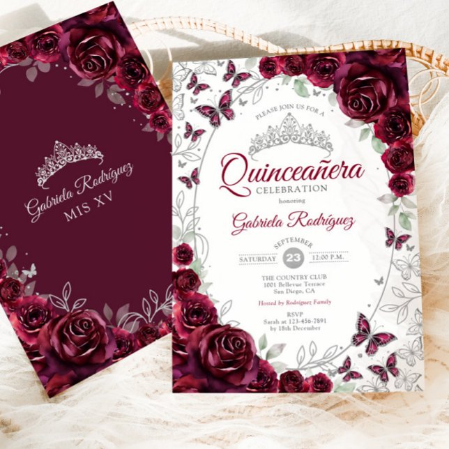 Invitation Burgundy Silver Floral Quinceanera (Créateur téléchargé)