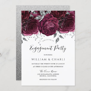 Invitation Burgundy & Silver Sparkel Floral Engagement