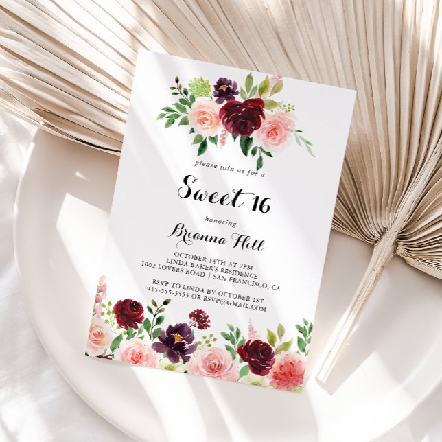Invitation Burgundy Spring Floral Sweet 16 Anniversaire (Créateur téléchargé)