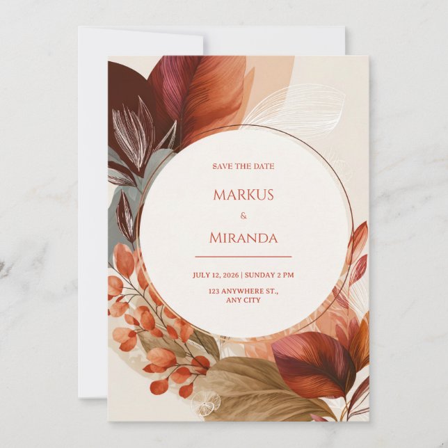Invitation Burgundy Terracotta Circular Botanical Wedding (Devant)