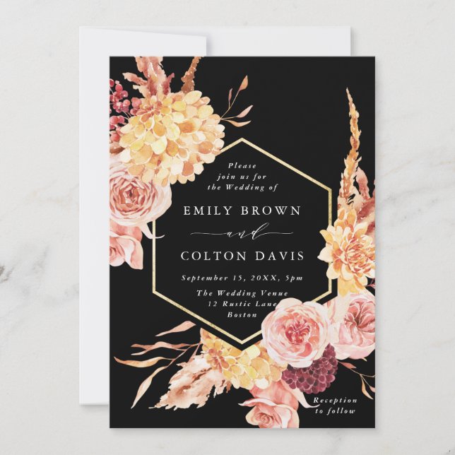 Invitation Burgundy Terracotta Gold Floral Mariage Noir (Devant)