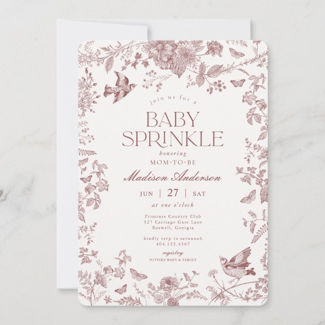 Invitation Burgundy Toile De Jouy Fleurs Bébé Sprinkle (Devant)