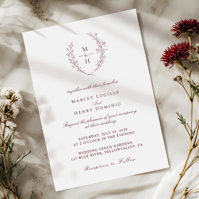 Invitation Burgundy Typography Wildflower Monogram Wedding (Créateur téléchargé)
