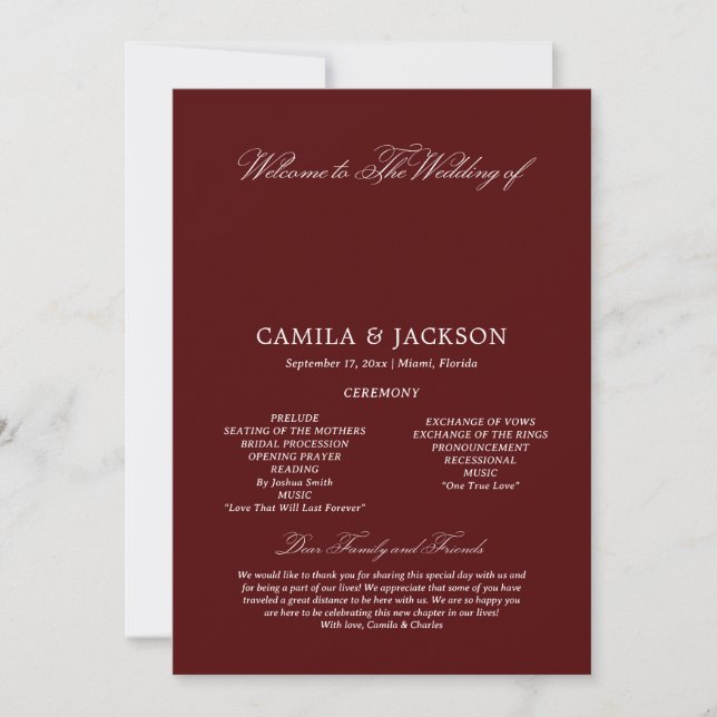 Invitation  Burgundy Wedding Flat Program (Devant)