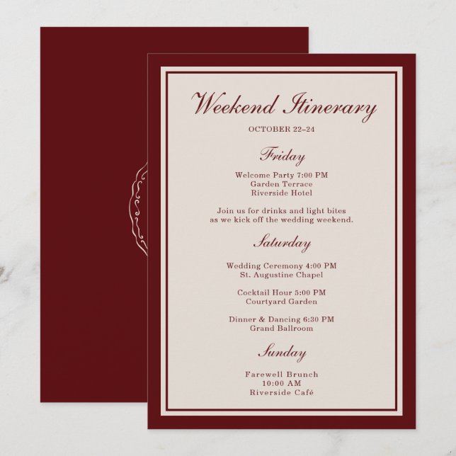 Invitation Burgundy Wedding Weekend Itinerary Card (Devant / Derrière)